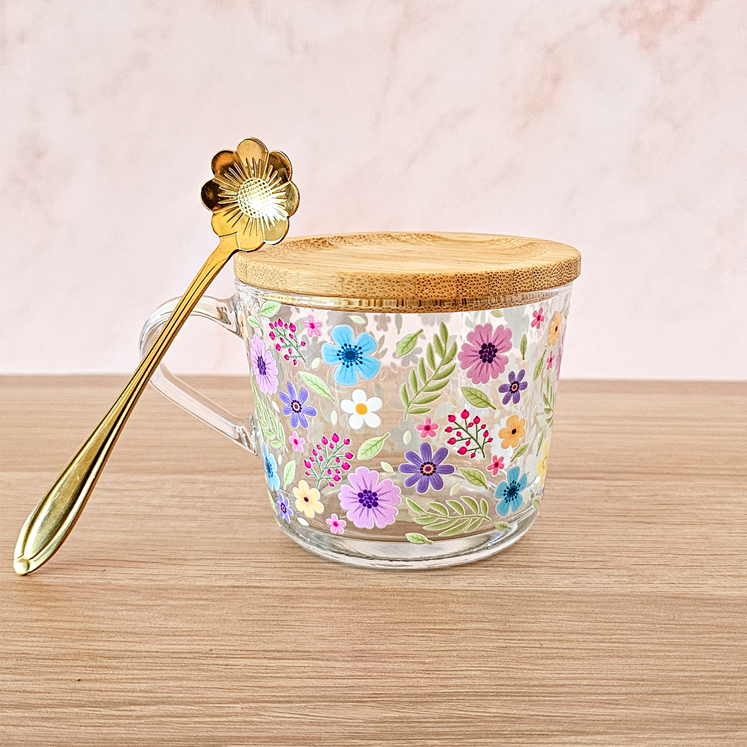 Vaso de Cristal con tapa Flores Coloridas | Primavera 2024