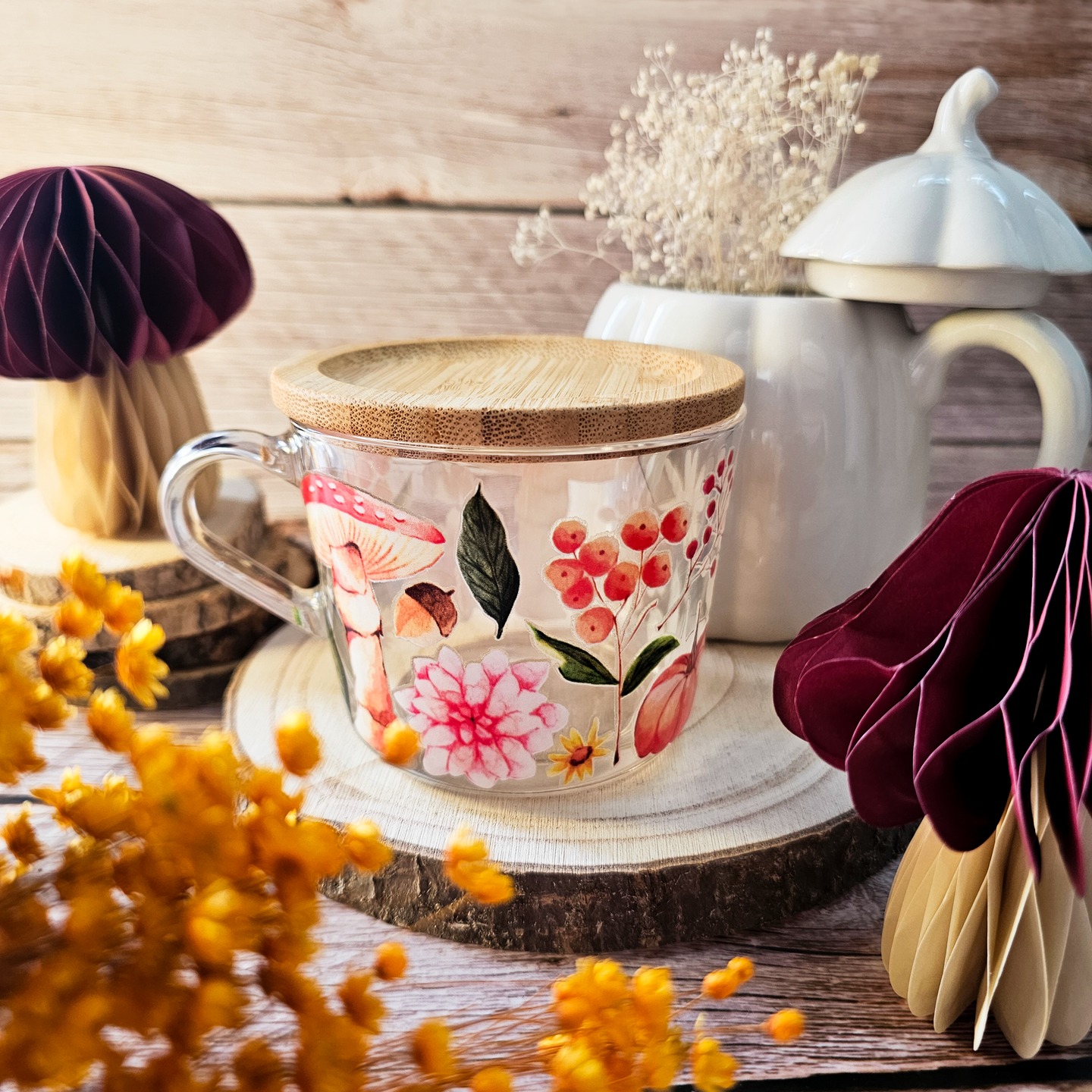 Taza de cristal con tapa de bambú – Colección Otoño