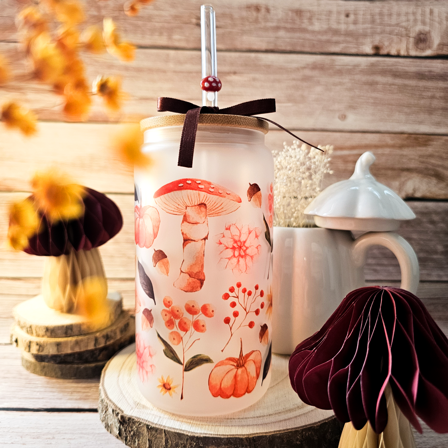 Vaso de cristal esmerilado con pajita – Colección Otoño